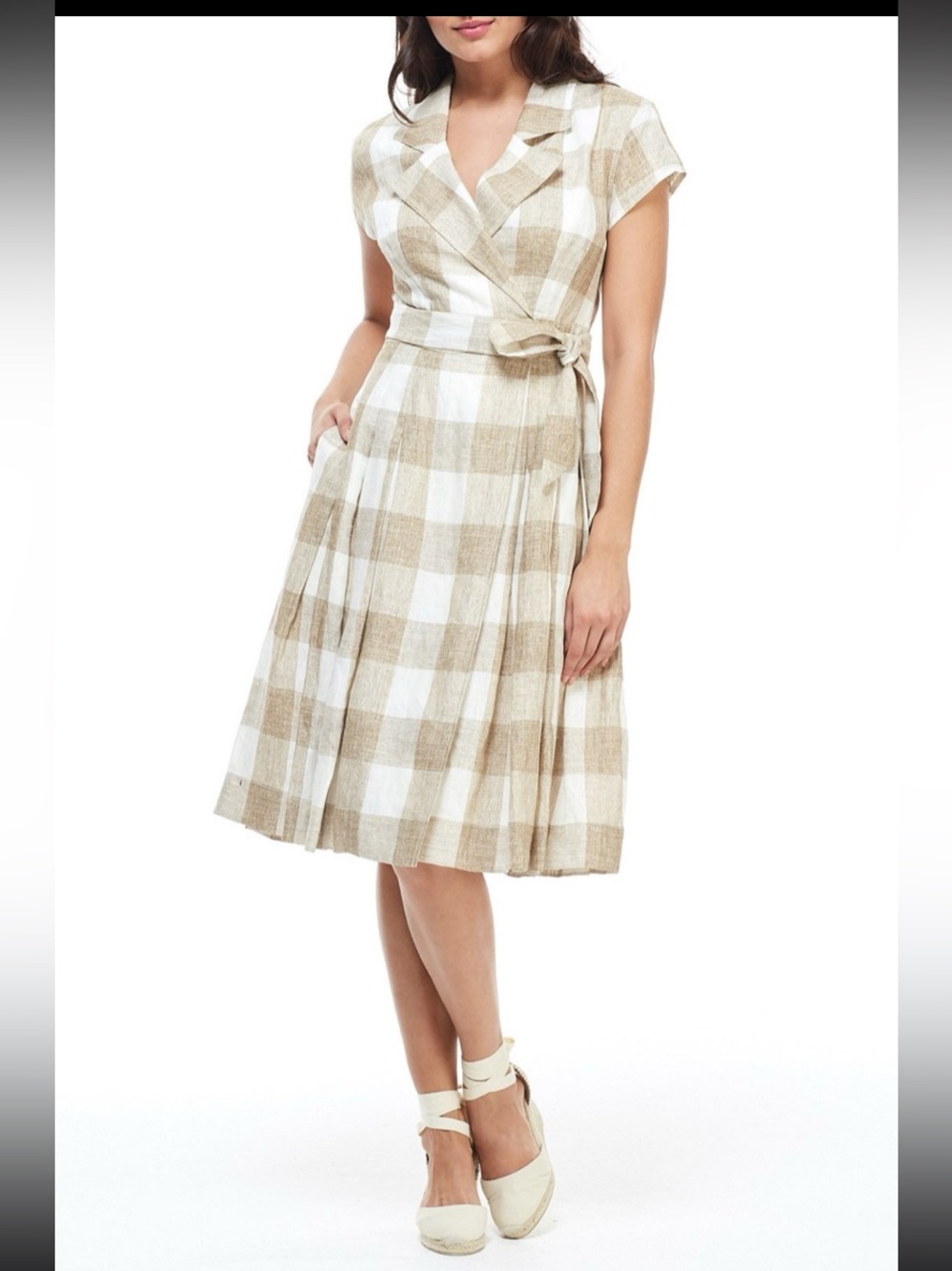 Gingham fit and flare linen midi dress